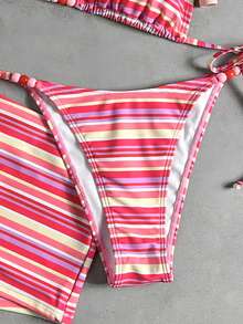 Swim Vcay Bộ đồ bơi nữ 3 món phong cách tối giản thanh lịch lãng mạn gợi cảm ngọt ngào dễ thương thời trang cho mùa hè đi biển nghỉ dưỡng, áo bikini tam giác cổ yếm & quần short nam họa tiết sọc hồng cơ bản đa năng phối trang trí hạt đính tương phản, phù hợp cho bãi biển, khu nghỉ dưỡng, spa, lễ hội âm nhạc, tuần trăng mật và các dịp nghỉ dưỡng thường ngày - Nhiều màu - Xem 5