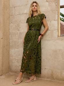 SHEIN Women's Knitted Summer Dress, Intricate Embroidered Lace Hollow-Out Round Neck Cap Sleeve A-Line High Waist Slimming Elegant Dress, Suitable For Evening Party, Date, Vacation - Green - View 5