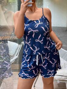 Slumberry CURVE Plus Size Sweet Ins Bow Print Camisole Top And Lace-Up Shorts Pajama Set - Multicolor - View 5