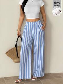 SHEIN PETITE Quần tây kẻ sọc nữ kiểu Hawaii, quần công sở nữ, quần tây công sở nữ, quần mặc nhà thoải mái cho nữ, bộ hai mảnh cho nữ, bộ đồ phối hợp cho nữ mùa thu/đông. - Màu xanh lam - Xem 3