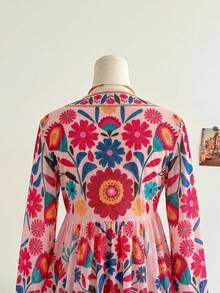 Soleia 女款復古碎花印花V領長袖喇叭袖前綁帶A字版型上衣，適合派對、聖誕節、約會、夜店、波希米亞風、度假、秋季 - 粉色 - 查看 6