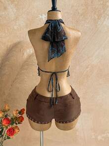 Soleia Women's Summer Sexy Beach Vacation Style Paisley Print Metal Decor Backless Tie Halter Top - Coffee Brown - View 2