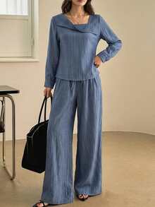 DAZY Conjunto feminino de 2 peças para primavera/outono, estilo casual de férias, top de manga comprida com decote coração e calças de perna larga com cordão na cintura - Azul - Ver 4