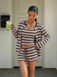 Muchica Casual Minimalist Asymmetrical Colorful Striped Knit All-Over Print 2-Piece Set For Women, Versatile Style Suitable For Spring/Summer,Summer Outfits For Women - Multicolor - View 6