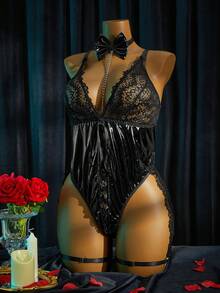 SpicyHot 2pcs Plus Size Sexy Lingerie Bodysuit Set,Sexy Lingerie For Women,Adult,Honeymoon,Hot,Date Night,Lingerie,Playsuit, Lace Sexy Outfit - Black - View 9