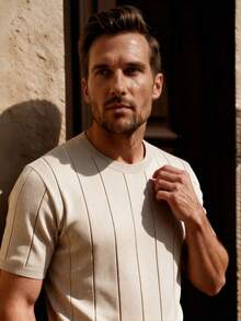 Officeau Men's Solid Color Short Sleeve Knit Vertical Striped Crew Neck Top - Apricot - View 10