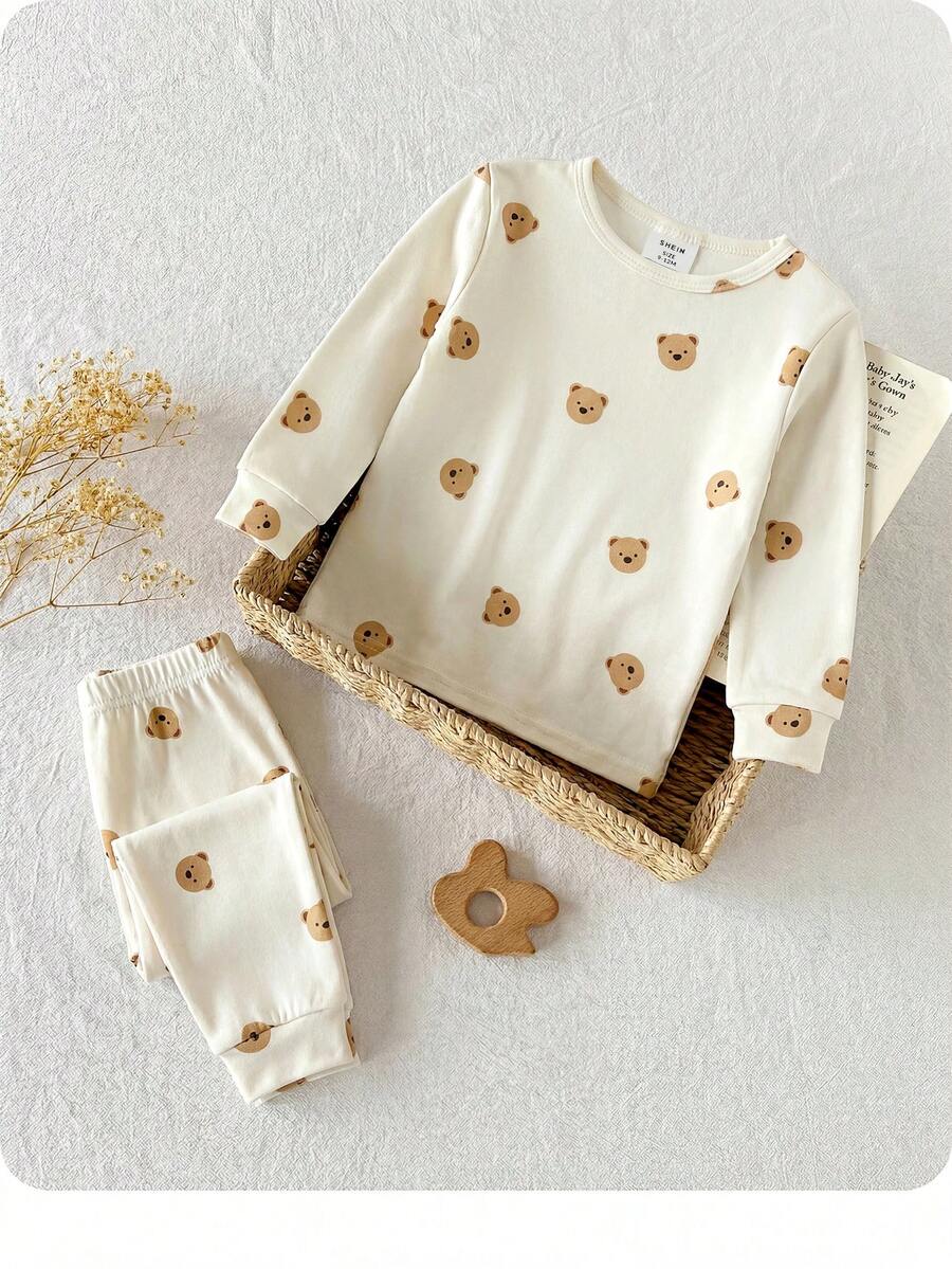 Baby Boy Cute Casual Fitted Cartoon Pattern Knit Long Sleeve Loungewear Set - Multicolor - View 1