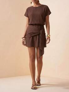 Zivah Women's Solid Color Pleated Casual Party Short Dress - Brown - View 6