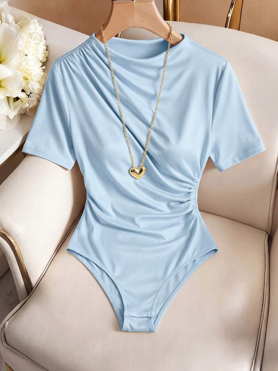 Elenzga Bodysuit Wanita Ukuran Besar Warna Biru Muda Elegan untuk Musim Panas, Bahan Elastis, Desain Asimetris, Detail Kerut, Leher Bulat, Lengan Pendek, Pakaian Kerja - Baby Blue - View 1