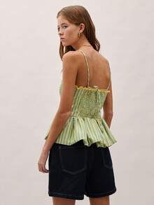 Nöista Gestreiftes Peplum-Top mit geraffter Körpermitte, dehnbare Passform und schmeichelnde Taille, Rüschensaum. Perfekt für sonnige Tage und Urlaubsreisen, für Nächte aus, Festivals, Sommerfeste, Dates, Urlaubsabende, Alltagsoutfit, Urlaub, Frühling, Ostern, Musikfestival, Strandtag. - Grün - Übersicht 7
