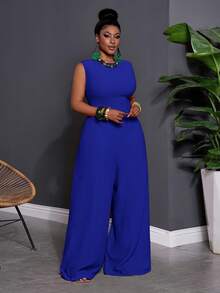 Slaydiva Early Spring Sleeveless Solid Color Plus Size Jumpsuit For Women - Royal Blue - View 5