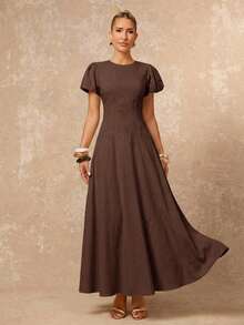 Lumalex 100%Cotton Women's Solid Color Casual Everyday Elegant Casual Pure Cotton Waist A-Line Long Dress Comfortable Bamboo Cotton Puff Sleeves Dress, Back To School Season Dress, Dresses For Women Elegant,Modest Dresses For Women Spring Party Casual - Brown - View 9