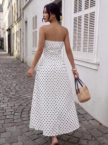 SHEIN PariChic Women's Woven White With Black Polka Dots Frill Trim Contrast Lace Elegant Tropical Vacation Summer Strapless Dress Vacation - Black and White - View 2