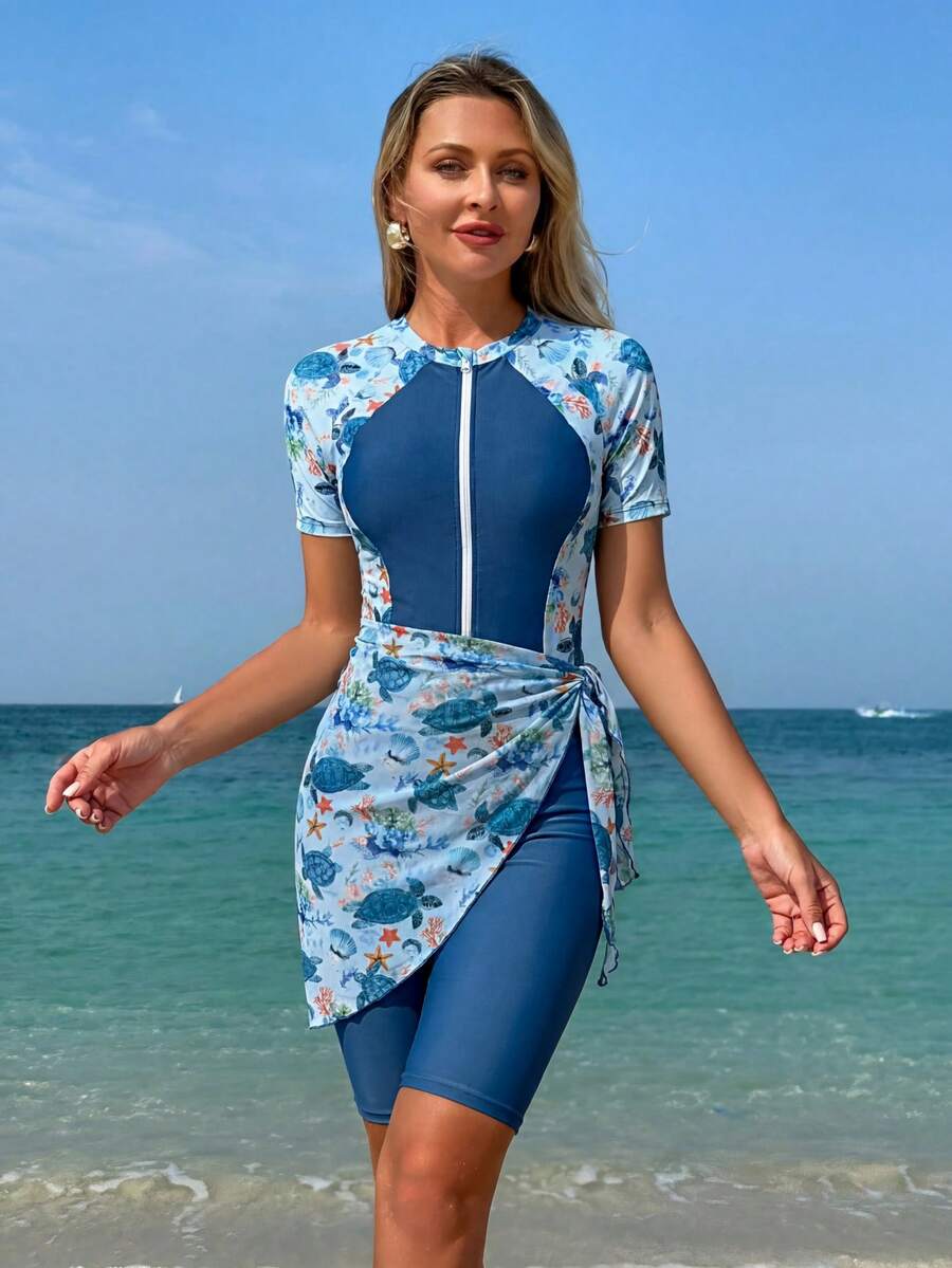 Swim Mulvari 3件組 中東風格女款花卉印花短袖上衣、短褲與罩衫 - 彩色 - 查看 1