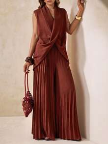 Elegantrix Plus Size Women's Spring/Summer Crossed Slit Blouse, Elegant Commuting Outfit - Redwood - View 3