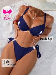 Voyashape Women's Summer Beach Party Solid Color Bikini And Triangle Bottom Two-Piece Swimsuit Set Navy Blue Elegant Sexy - Navy Blue - View 4