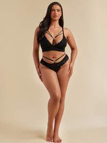SHEIN BAE CURVE 大码蕾丝无钢圈内衣套装，性感又贴身 - 黑色 - 查看 3