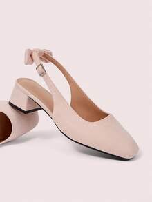 CUCCOO DOLLMOD Women's Shoes, Bow Decoration, Exposed Heel, Pink Suede Texture, Square Toe Fashionable And Elegant Exposed Heel Thick High Heel Shoes - Velvet pink - View 2