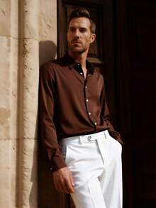 Officeau Men's Dress Shirt Long Sleeve Button Up Shirt Solid Brown Shirt For Wedding Office Work Formal Party Old Money Style Gift For Father Boyfriend, Minimalist Shirts, For Fall, Men's Dress Shirt Spring To Summer - Coffee Brown - View 8