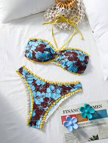 Swim Mod Women's 2pcs Summer Sexy Tropical Bandeau Top With Front Tie And Ruffle Hem, Triangle Bikini Bottom Set Beach Vacation Aqua Blue - Multicolor - View 2