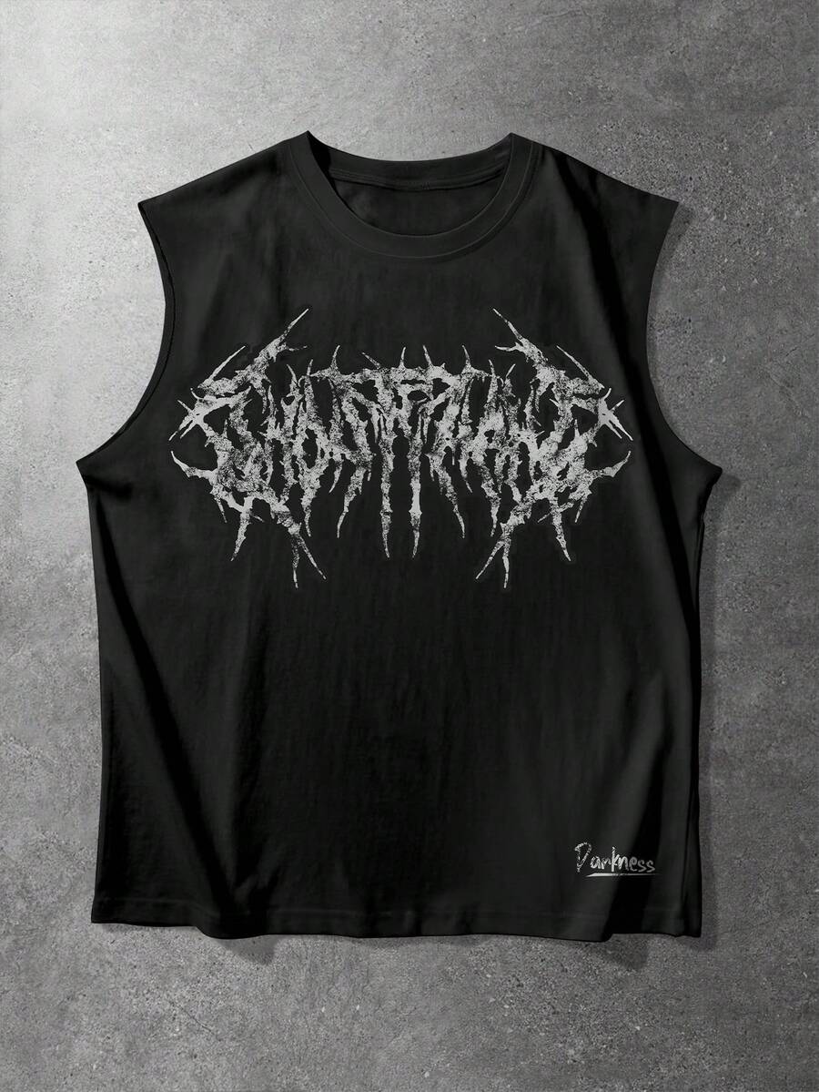Manfinity EMRG Camiseta de tirantes sin mangas estilo gótico negro para hombres, chaleco de calle con estampado de letras puntiagudas oscuras, camiseta sin mangas casual de verano, nueva camiseta de tirantes sin mangas holgada para hombres de verano, camiseta sin mangas con estampado de letras puntiagudas góticas oscuras + "Darkness", chaleco de estilo callejero americano, adecuado para uso diario, salidas, fiestas, atuendos de festival de música - Negro - Ver 1