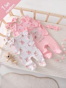 Newborn Bear & Bow Pattern Long Sleeve Footed Romper Set, Autumn/Winter Loungewear, Round Neck Floral Soft Comfortable Cute Pajamas, Includes Headband - Pink - View 7