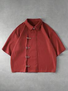 ROMWE MEN Street Life Men's Corn Metal Button Chinese Style Structure Shirt - Red - View 1