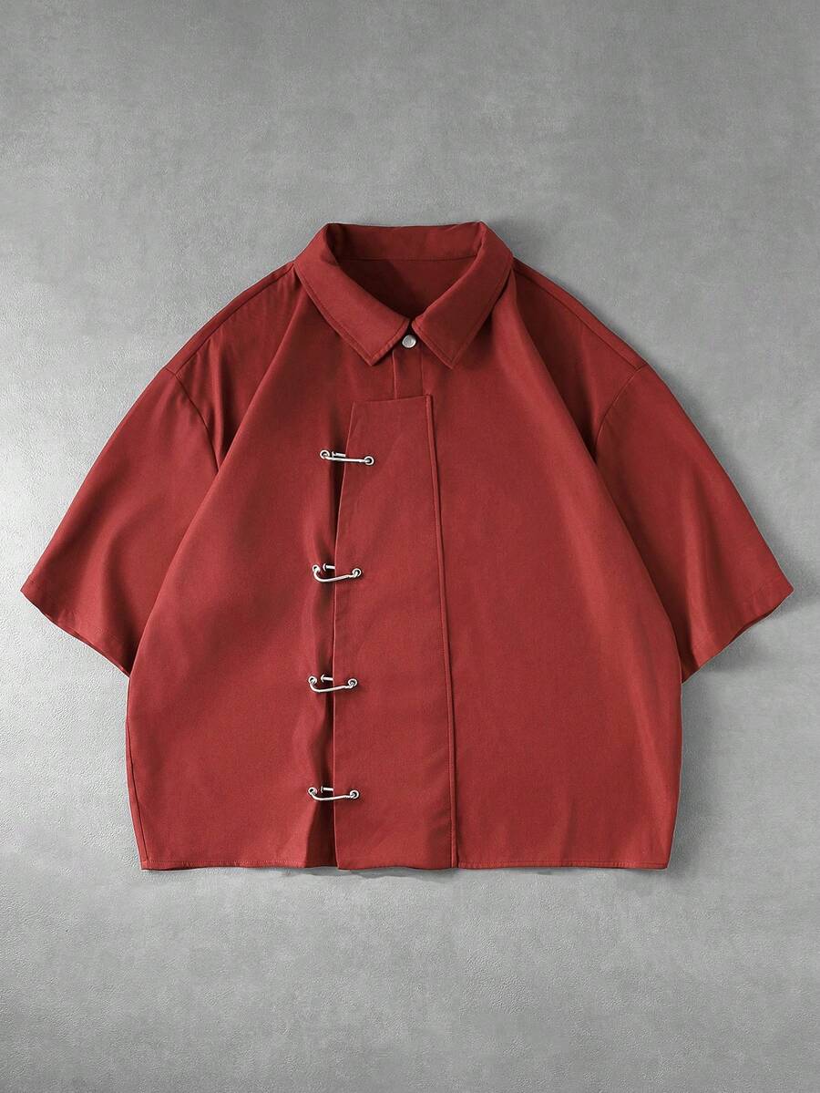ROMWE MEN Street Life Men's Corn Metal Button Chinese Style Structure Shirt - Red - View 1