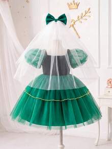 SHEIN Glamorique Kids 女童公主洋裝，深綠色薄紗洋裝，黑色針織，亮片印花，生日派對，婚禮節日洋裝，舞會洋裝，畢業洋裝，夏季洋裝 - 綠色 - 查看 2