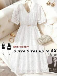 SHEIN CURVE+ 大码V领短袖蕾丝优雅连衣裙，白色正式礼服，女士优雅毕业礼服，婚礼宾客礼服，春夏装，假日礼服，伴娘礼服，毕业生母亲礼服，正式场合礼服，白色优雅连衣裙，婚礼礼服，白色教堂礼服，婚礼宾客礼服，新娘送礼会礼服，白色连衣裙，新娘送礼会白色连衣裙，女士优雅白色连衣裙 - 白色 - 查看 9