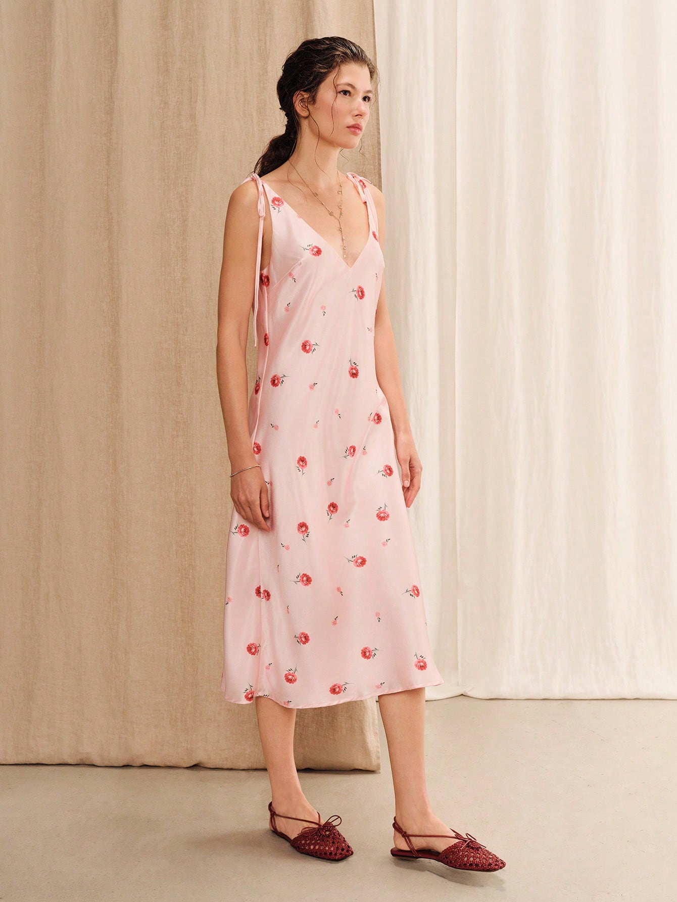Flowy Pale Pink Satin Midi Dress With Floral Print, Tie Straps, And A V-Neckline Summer Vacation