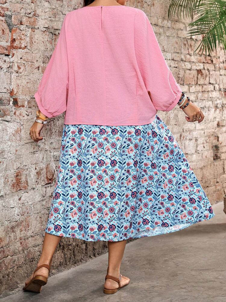 2pcs/Set  Plus Size Women Summer Vacation Solid Color Loose Shirt And Floral Print Skirt 2-Piece Set,Flowy Skirt Set,Going Out Outfits,Beach Outfit