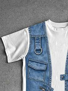 Manfinity Dauomo Men's Plus Size Faux Denim Print Crew Neck Short Sleeve Casual T-Shirt - Multicolor - View 3