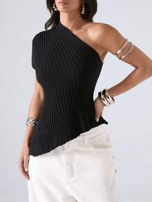 LYSMO Top de punto acanalado ajustado de un solo hombro con dobladillo asimétrico de color liso minimalista de verano para mujer - Negro - Ver 6