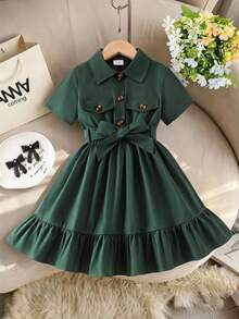 SHEIN Young Girl Elegant Ruffle Trim Collar Short Sleeve Belted Dress, Summer - Army Green - View 5