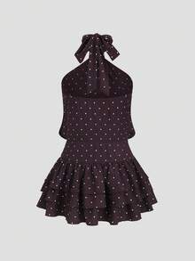 Sweetra Spring/Summer Sexy Vacation Style Romantic Vintage French Polka Dot Halter Neck Dress - Chocolate Brown - View 2