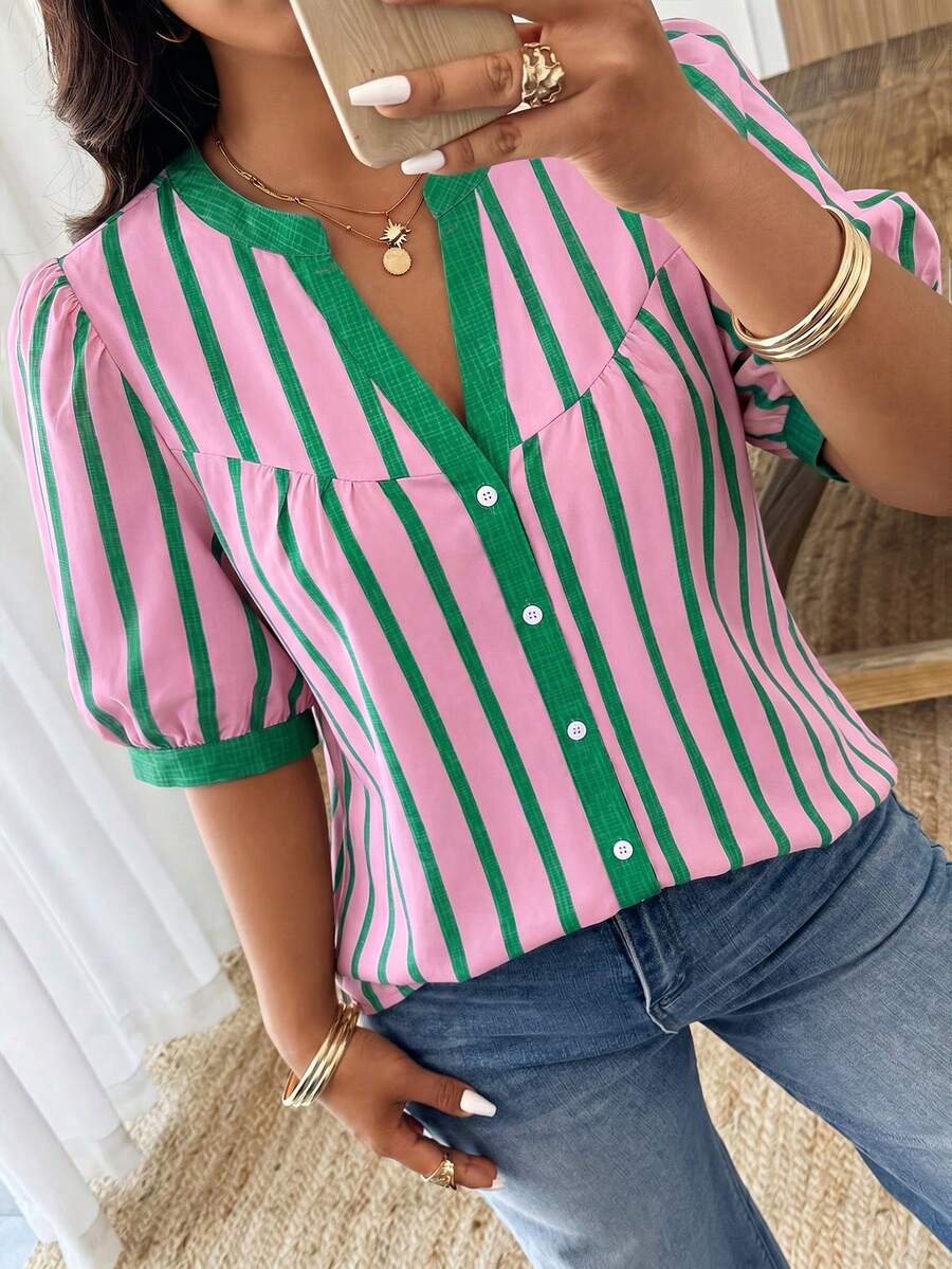 Weeklong Plus Size Women's Spring/Summer Notch Collar Striped Patchwork Contrast Color Casual Vacation Shirt - Multicolor - View 1