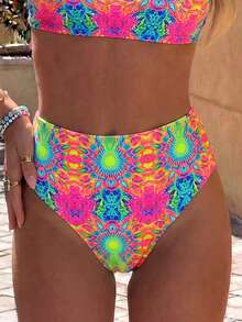 Swim Vcay Summer Women's Swimwear Multi-Color Random Print Shoulder Strap Top And High-Waist Swim Bottoms Beach Vacation 2 Pieces Bikini Set - Multicolor - View 4