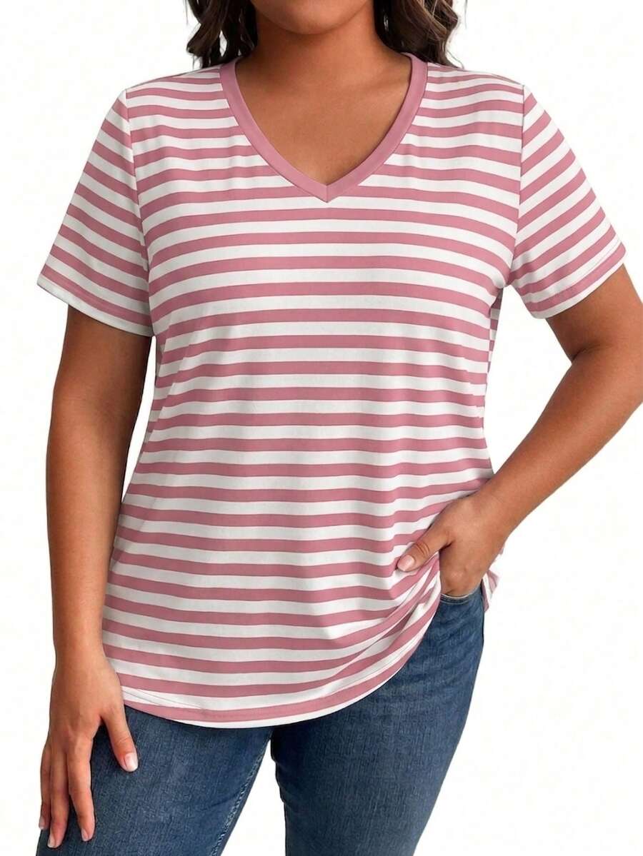 EMERY ROSE Plus Size Women's Summer Pink Print V-Neck Short Sleeve Casual Smart Casual T-Shirt Holiday - Multicolor - View 1