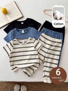 SHEIN LMoss Kids 6pcs Baby Boy Knitted Solid Striped Casual T-Shirt And Pants Set - Multicolor - View 2
