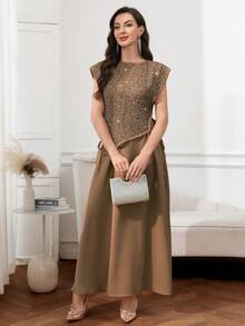 Al Najma 女士优雅拼接亮片侧交叉绑带夏季连衣裙 - 棕色 - 查看 5