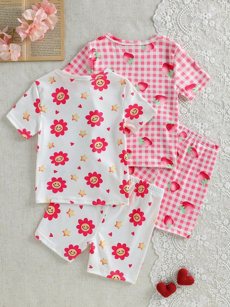 SHEIN 4-7岁女童笑脸花朵格纹草莓印花短袖短裤两件套，夏季透气休闲套装，女童服装