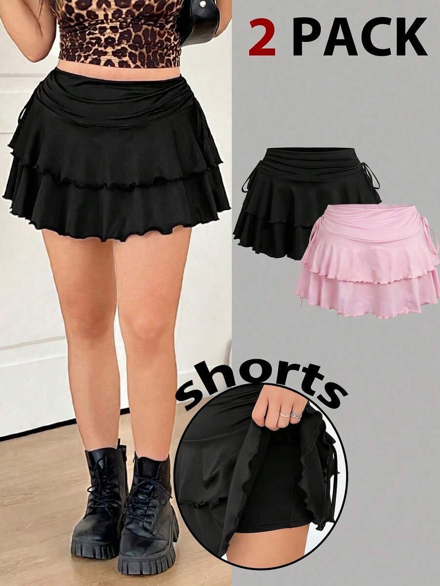 SHEIN EZwear Bộ đồ gồm 2 món màu hồng nhạt và xám đen, kiểu dáng thường ngày, thích hợp cho người có thân hình mũm mĩm, thích hợp cho mùa xuân/hè. - Màu Hồng baby - Xem 1