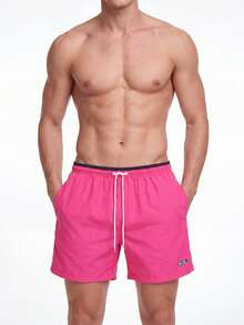 Manfinity KASUA Swim Trunks For Men Drawstring Waist Security Pockets Lightweight 4-Way Stretch Letter Patches,Solid Color For Beach Vacation,Resort Casual,Water SportsRose Red Fabric Non-Stretch Lined Beach Shorts - Rose Red - View 1