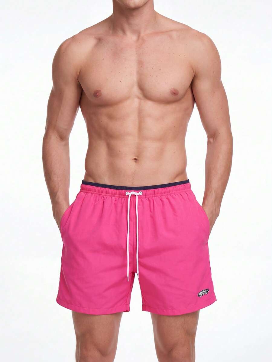 Manfinity KASUA Swim Trunks For Men Drawstring Waist Security Pockets Lightweight 4-Way Stretch Letter Patches,Solid Color For Beach Vacation,Resort Casual,Water SportsRose Red Fabric Non-Stretch Lined Beach Shorts - Rose Red - View 1