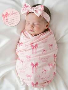 SHEIN 3Pcs Set Bowknot Printed Newborn Swaddle Wrap Headband Set With Hello World Baby Birth Announcement Name Cards Infant Photography Props - Multicolor - View 1