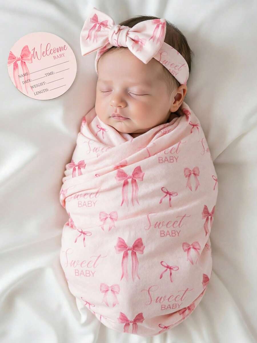 SHEIN 3Pcs Set Bowknot Printed Newborn Swaddle Wrap Headband Set With Hello World Baby Birth Announcement Name Cards Infant Photography Props - Multicolor - View 1