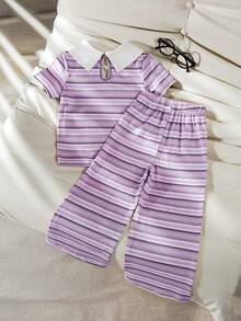 SHEIN Back-To-School 2pcs/Set Girls' Knit Pink White Coffee Striped Short Sleeve Shirt Collar Pullover T-Shirt,Knit Wide Leg Long Pants Set,American Casual - Purple - View 5