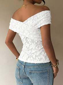 Siren Gaze Áo thun nữ cổ chéo họa tiết hoa dệt jacquard màu trắng, phong cách casual tối giản, gợi cảm, thanh lịch, lãng mạn vintage, trang phục đi làm, đi biển, đi chơi mùa hè cho nữ - trắng - Xem 2