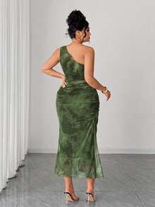 Elenzga Plus Size Mesh Printed One Shoulder Dress - Army Green - View 2